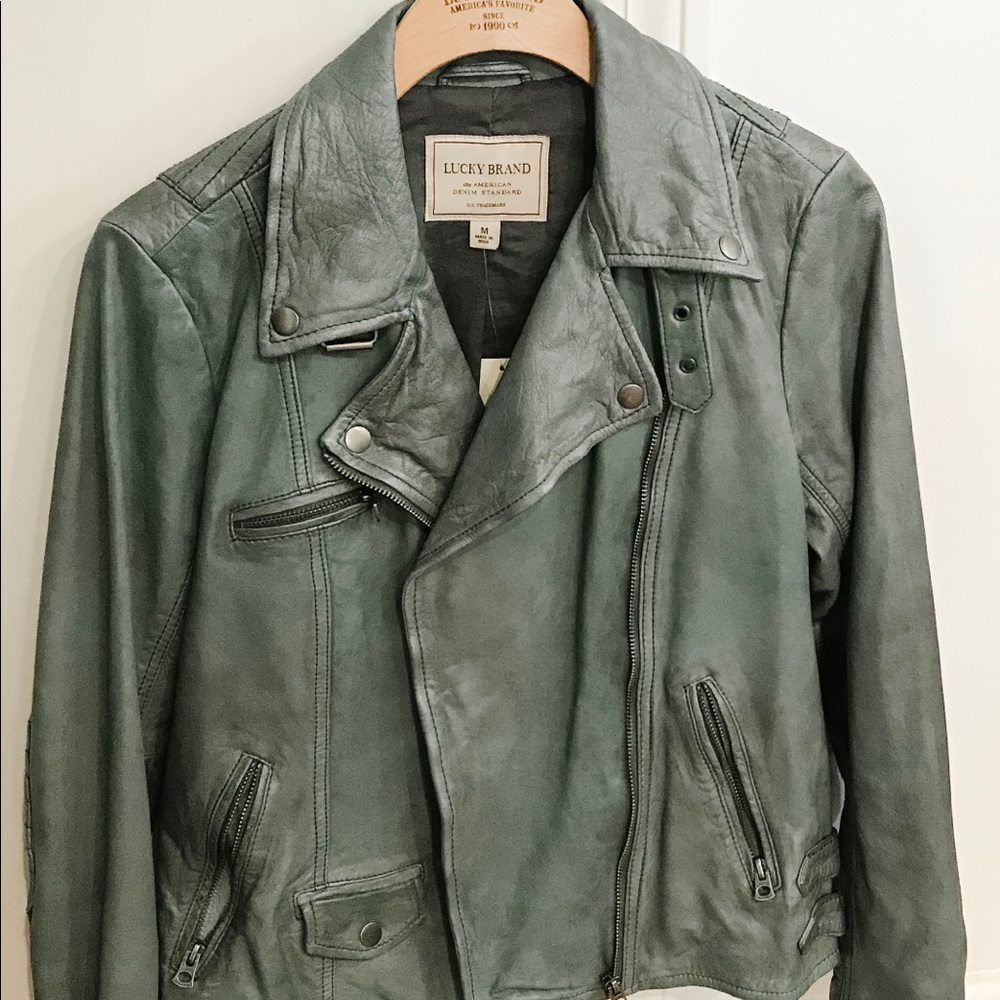 Lucky Brand Leather Moto Jacket - Sage - Medium
